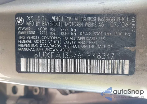 2006 BMW X5 3.0I из США, поврежденный, VIN 5UXFA13576LY46247